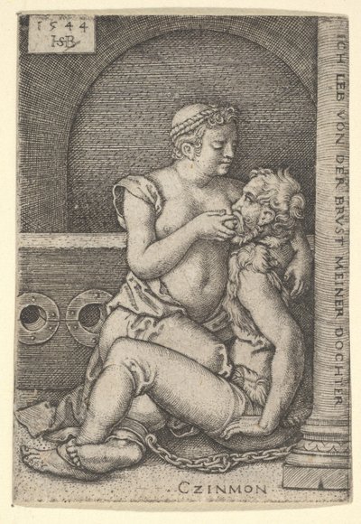 Cimon seated against a column at right, suckling from Pero who is kneeling next to him by Sebald Beham