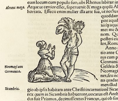 A witch summons a three headed demon, from 1550 edition of Cosmographia by Sebastian Munster by Sebastian Munster