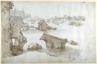A Tiber view with the ruins of the Ponte Rotto, the Marmorata and the Ripa Grande by Sebastian Vrancx