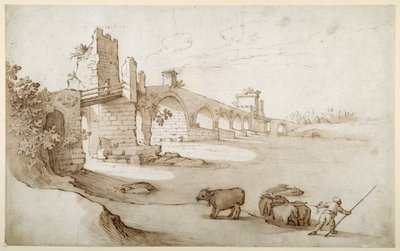 A drover urging a team of bullocks to swim the Tiber at the Ponte Milvio Crossing by Sebastian Vrancx