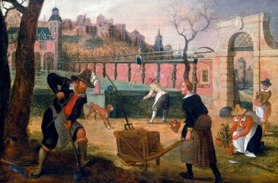 Gardeners at Work in a Formal Garden on the Outskirts of a City. Painting by Sebastian Vrancx. Private Collection. by Sebastian Vrancx
