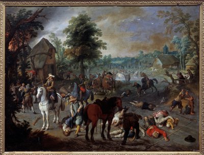 Scene of looting in a village by Sebastian Vrancx
