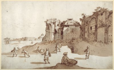 Young men playing pelota inside the Baths of Diocletian; S. Bernardino in the distance; the long wall of Bellaiani by Sebastian Vrancx