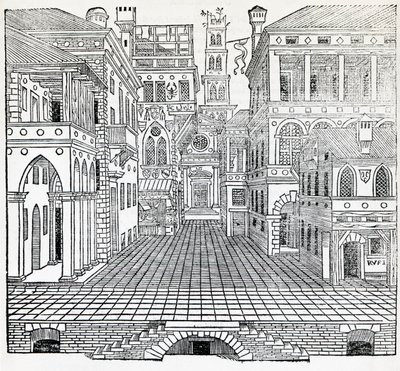 Magic scene, theatrical scene design, illustration from Treatise on Architecture, Book II by Sebastiano Serlio