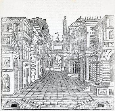 Magic scene, theatrical scene design, illustration from Treatise on Architecture, Book II by Sebastiano Serlio