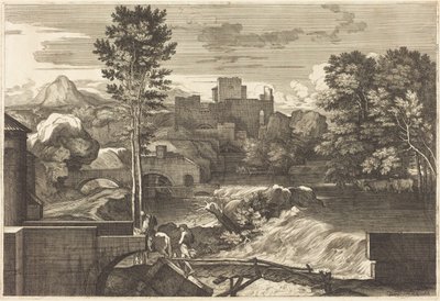 Landscape with Two Figures on a Bridge by Sébastien Bourdon