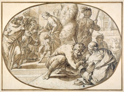 A Queen distributing alms to a crippled beggar in the temple at Jerusalem, early 17th century by Second School of Fontainebleau