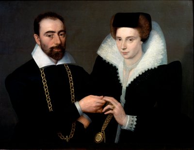 Portrait of a Couple. Both are wearing black, the woman wears a guipure collar. Painting of the school of Fontainebleau by Second School of Fontainebleau