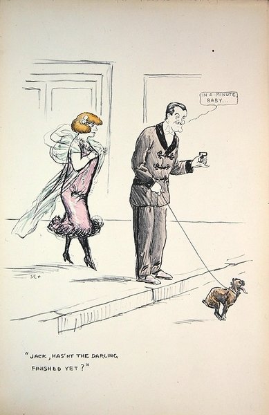 Couple waiting for a dog to finish its business, c.1921 by Sem