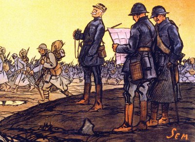 General Ferdinand Foch (1851 - 1929) watching his troops marching through the battlefield. (detail) by Sem