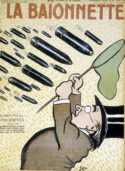 Man Trying to Catch Shells with a Butterfly Net - by Sem (1863 - 1934), in “La Bayonet: les pacifistes” of 03/08/1916 by Sem