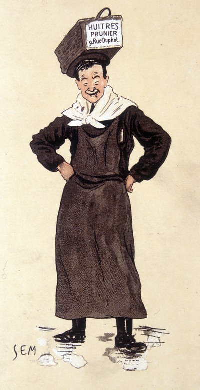 Seller of oysters from the store Prunier. Chromolithography signed SEM (1863 - 1934) by Sem