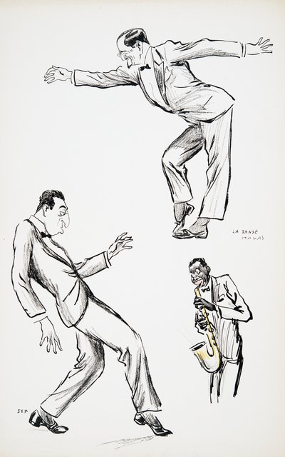 Two gentlemen in black tie perform La Danse Havas to the saxophone, from White Bottoms, pub. 1927 by Sem