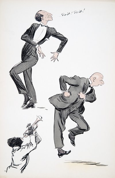 Two men in suits dancing while a musician plays the trumpet, from White Bottoms, pub. 1927 by Sem