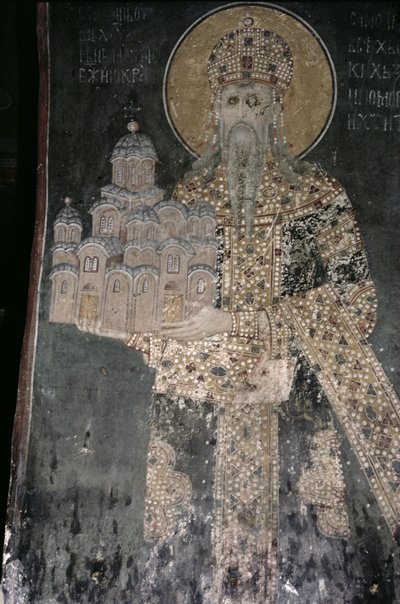 King Stephen Uros II Milutin with a model of the church, 1311-21 by Serbian School