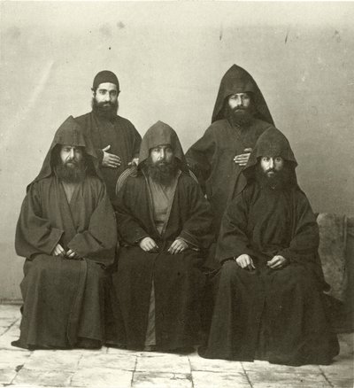 Group of 5 Armenian Priests in the Courtyard of the Mediterranean Hotel, Jerusalem, 1867 by Sergeant Henry Phillips
