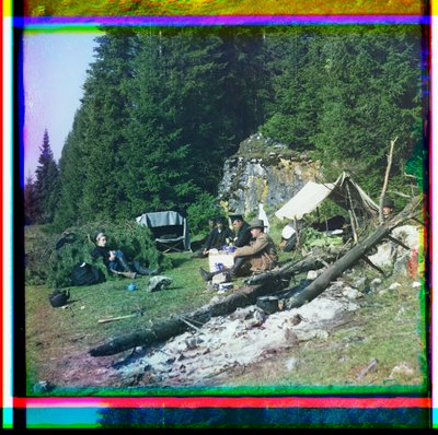 Sergei Prokudin-Gorskii and Others Seated at a Campsite, Chusovala River, Ural Mountains, Russia by Sergei Mikhailovich Prokudin Gorskii