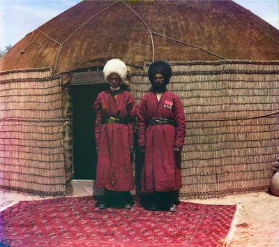 Two Men Standing on a Rug, in Front of Yurt by Sergei Mikhailovich Prokudin Gorskii