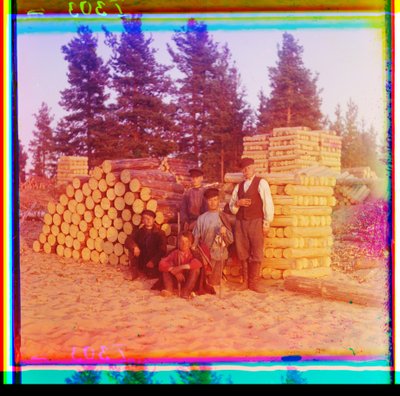 Woodcutters, Svir River, Volga-Baltic Waterway, Russia by Sergei Mikhailovich Prokudin Gorskii
