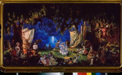 The Rest of the Actors. (A troupe of itinerant theater, whose members dance, play music or relax in a forest clearing, by the light of the Moon). by Sergei Yurevich Sudeikin