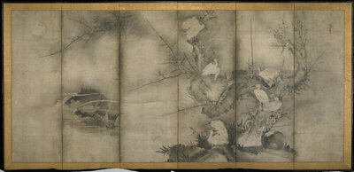 Willow, Egrets in Plum and Willow, Six-panel folding screen by Sesson Shkei