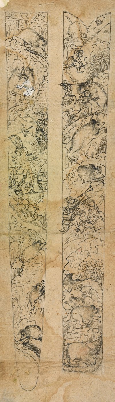 A raja hunting wild boars, design for a scabbard by Shevdar Gangeyagi