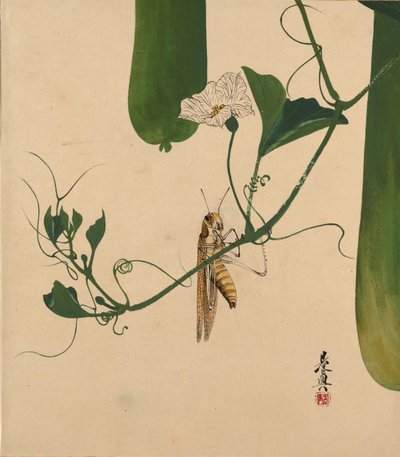 Lacquer Paintings of Various Subjects: Grasshopper on Gourd Vine by Shibata Zeshin