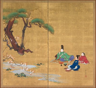 Narihira Viewing the Cherry Blossoms, Two-Panel Folding Screen, Late 1800s by Shibata Zeshin