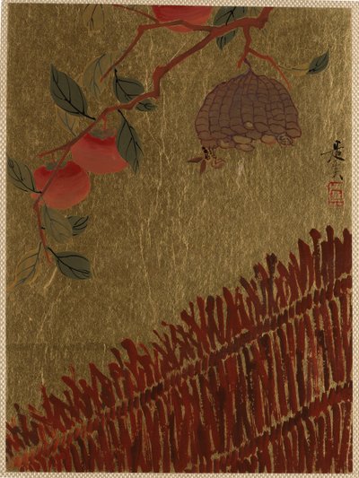 Persimmons Branch and Wasp Nest above a Hedge by Shibata Zeshin