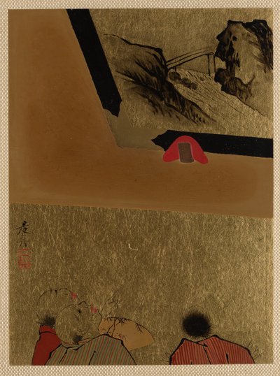 Three Men Looking at Framed Lacquer Drawing by Shibata Zeshin