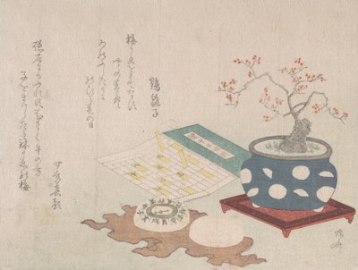 Bonsai Plum, Compass, and Pocket Sundial with Design of Calendar, from Spring Rain Surimon by Shinsai