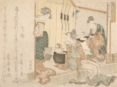 Two Young Ladies Having Tea Attended by Elderly Servant by Shinsai