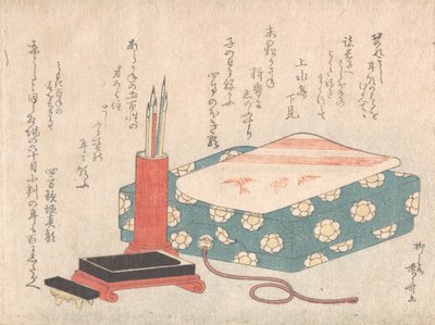 Writing Set and Poem Card Box from Spring Rain Surimono Album by Shinsai