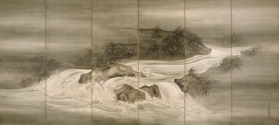 River Landscape with Fireflies by Shiokawa Bunrin