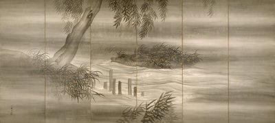 River Landscape with Fireflies by Shiokawa Bunrin