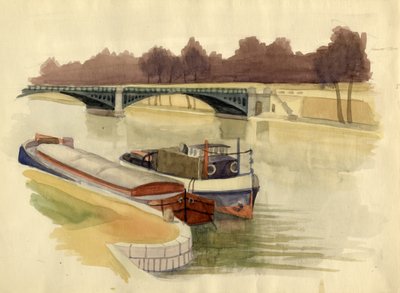 Barges on the River Thames near Battersea Bridge, London by Shirley Markham