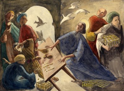 Christ throwing the merchants out of the temple, c1950 by Shirley Markham