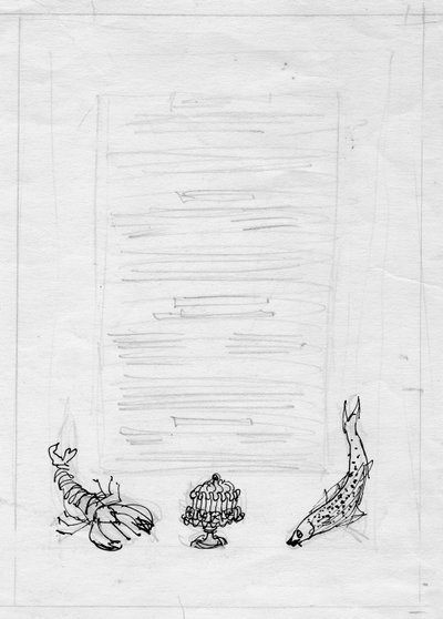 Lobster, Fish and Cake, Menu Design, c. 1950 by Shirley Markham