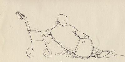 Man Leaning Against Pushchair on the Beach by Shirley Markham