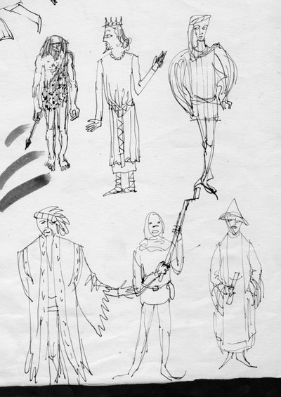 Page of sketches, people in period costume by Shirley Markham