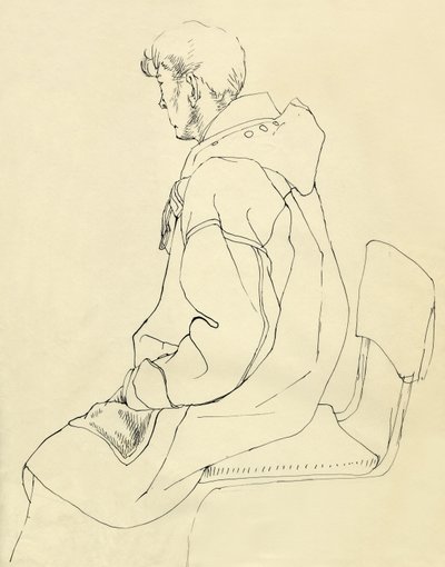 Seated man in duffel coat, c. 1952 by Shirley Markham