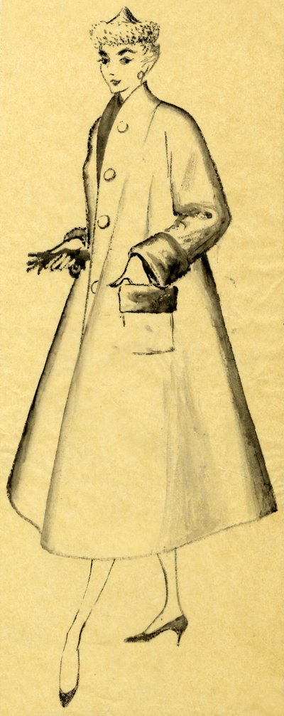 Woman in duster coat and pointed hat by Shirley Markham