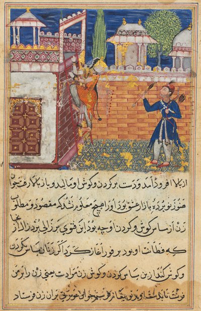 Page from Tales of a Parrot Tuti-nama: Eighth night: The deceitful wife returns..., 1558-1560 by Shravana