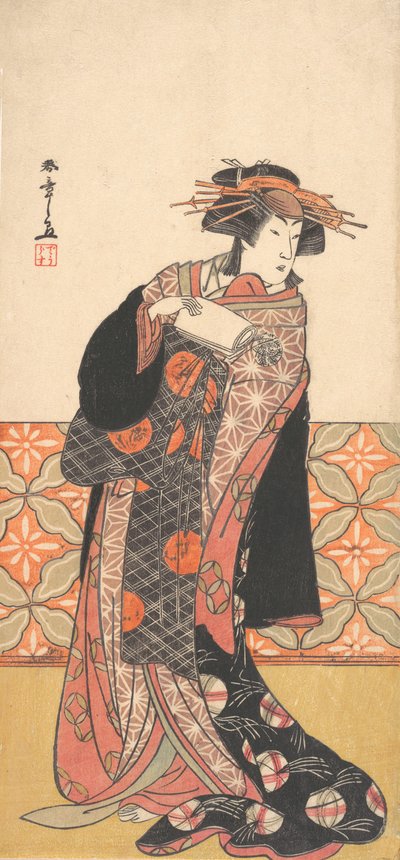 Nakamura Riko as Richly Clad Courtesan Standing in a Room by Shunsho