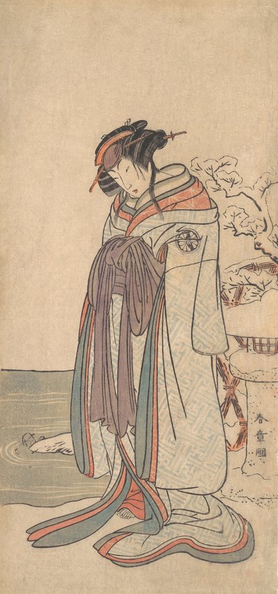 The Third Segawa Kikunojo as a Courtesan Standing in the Snow by Shunsho