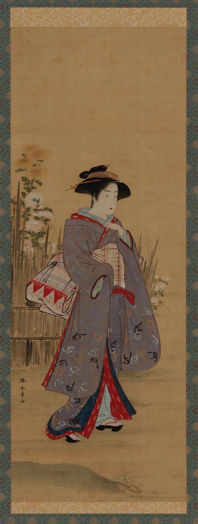 Woman near a fenced-off flowering garden, late 18th century by Shunsho
