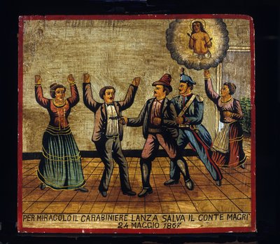 Ex-voto Sicilian: By miracle, Carabinier Lanza saves Count Magri on 24/05/1867. Representation of a brigandage: a robber attacks his pistol on the Magri couple while the carabinier surprises him from behind by Sicilian School