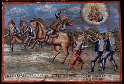 Ex-voto Sicilian: The Abducted Countess Ursino Has Just Been Saved by Miracle on 16/08/1871. Representation of a Brigandage: The Three Robbers Are Abducting the Countess While the Carabinieri Shoot at Them by Sicilian School