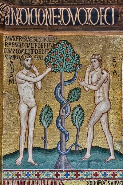 The Palatine Chapel (Basilica), cycle of mosaics on the Old Testament, cycle of the Creation: The Original Sin, XII century by Sicilian School