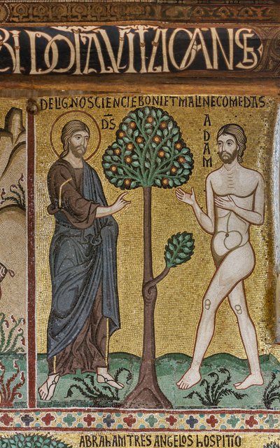 The Palatine Chapel (Basilica), cycle of mosaics on the Old Testament, cycle of the Creation: "God introduces Adam into Eden", XII century by Sicilian School